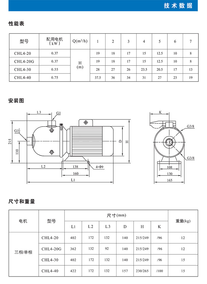 CHL、CHLK不锈钢卧式多级离心泵  CHL4系列技术数据表 (https://www.yilopump.cn/) 不锈钢卧式多级离心泵 第3张